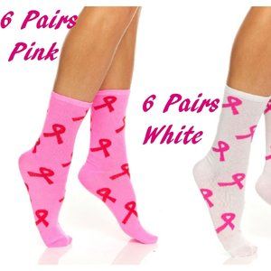 12 Pair Lot Womens Pink Ribbon Breast Cancer Awareness Crew Socks Shoe Size 4-10